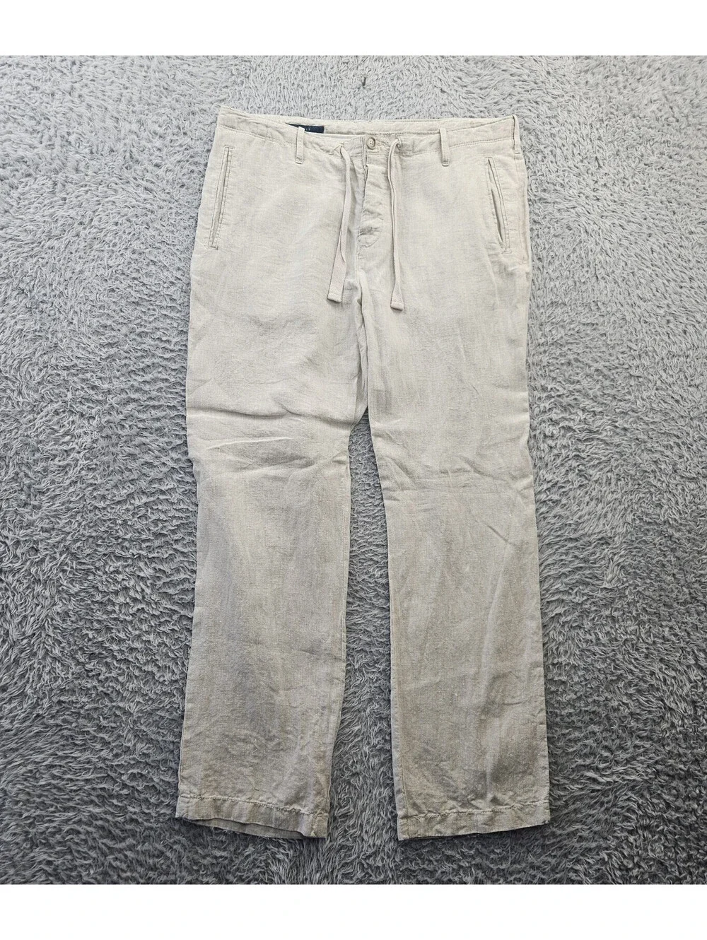 Perry Ellis Linen Pants Men 34 (Fits 36x31) Beige Drawstring 100% Linen